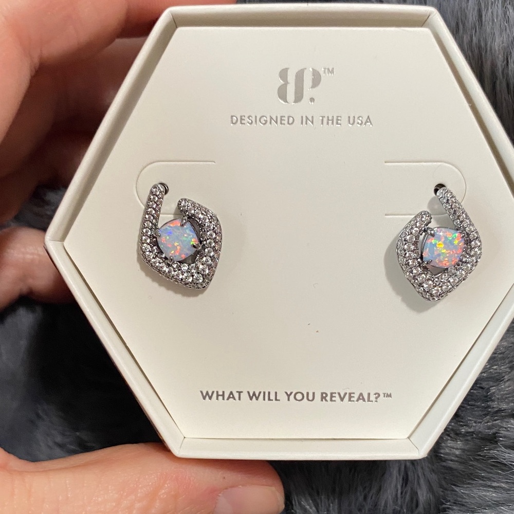 Hematite Opal Halo Stud Earrings - Women Jewelry BP